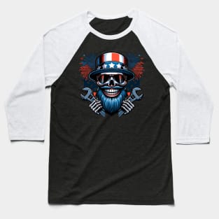 USA Patriotic Bearded Skull Mechanic American Flag 4th of July Independence Day Smiling Skull Baseball T-Shirt